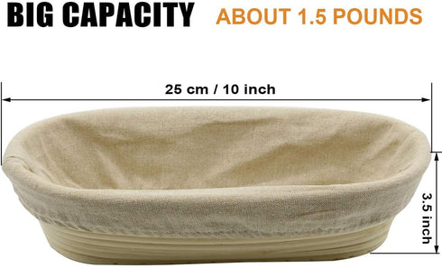 2 PCS 10 inch Oval Long Banneton Brotform Rattan Basket & Liner for Bread Dough Proofing, Rising for Bakers