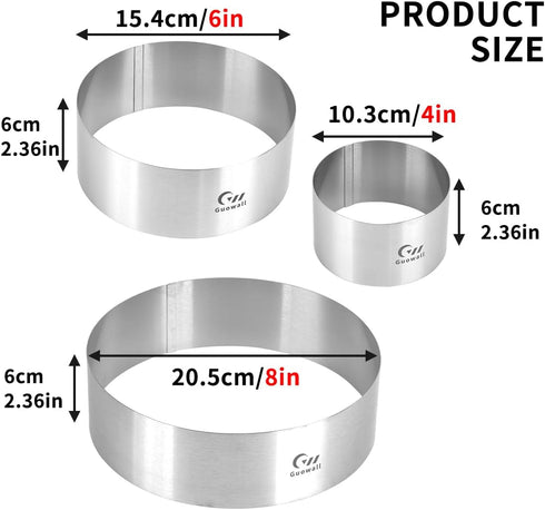 Guowall 4/6/8 inch Stainless Steel Cake Rings for Baking, Mousse Ring Mold Round Biscuit Cutter for Baking Tools
