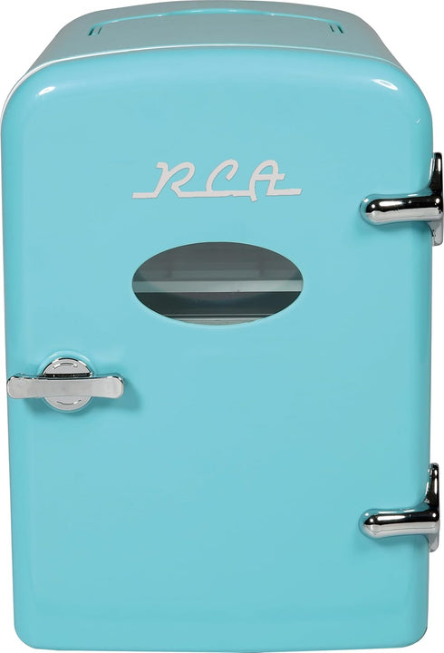 RCA RMIS129-BLUE Mini Retro Beverage Refrigerator, 6 Can Capacity, Blue, 0.14 cubic feet