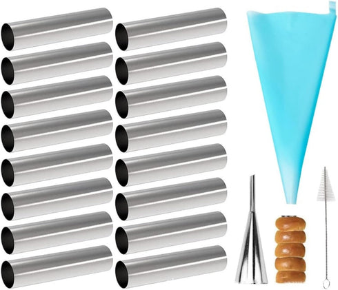 16 Pack Cannoli Tubes Molds Set - 4.7 Inch Non Stick Tubes, Reusable Piping Bag, Brush, Stainless Steel Tips for Baking