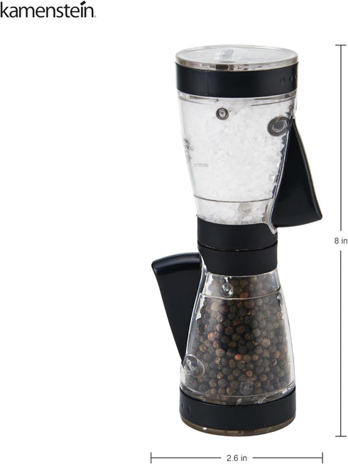 KAMENSTEIN One-Handed 2-in-1 Dual Salt and Pepper Grinder, 8-Inch, Adjustable and Refillable, Black