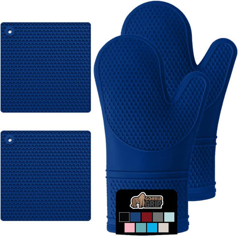 Gorilla Grip Heat and Slip Resistant 4 Piece Silicone Oven Mitt and Trivets Set, Blue