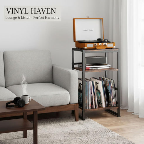 Stand,3-Tier 120 Albums,28" Record Player Record Player Table with U-Shaped Vinyl Storage Up to H End Table Turntable