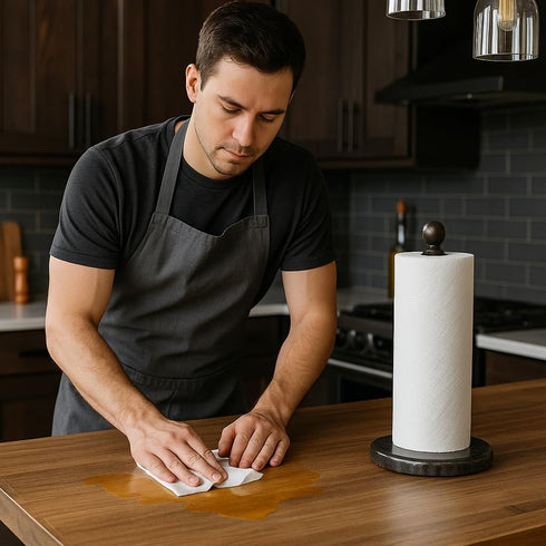 12 Heavy Natural Stone Paper Towel Holder Handcrafted from Solid Indonesian Marble, Non-Tip Weighted Base, One-Hand