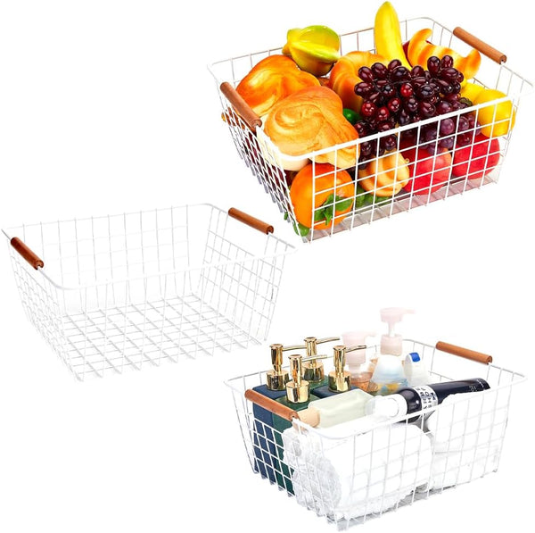 LeleCAT Large White Wire Baskets with Wooden Handles for Storage, Organizer Baskets for Cabinets, Closets, Kitchen