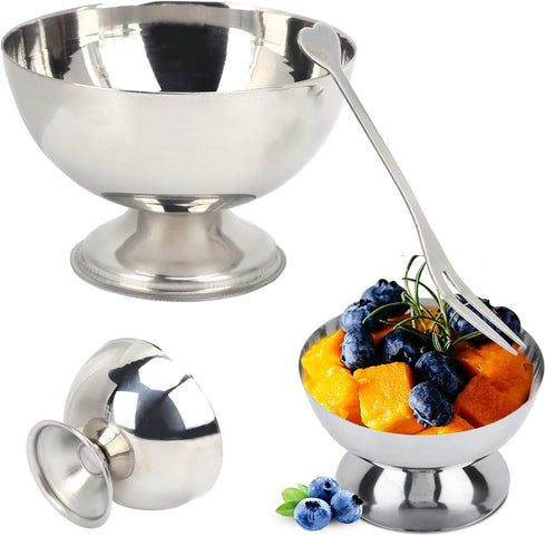 Pssopp Dessert Bowls with Forks, Stainless Steel Milkshake Cup, Medium Snack Dish for Ice Cream