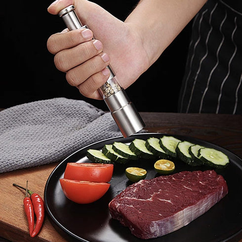 Premium Stainless Steel Salt Grinder, Pepper Mill for Peppercorns, Sea Salt, Thumb Push Button for 1 Hand Operation
