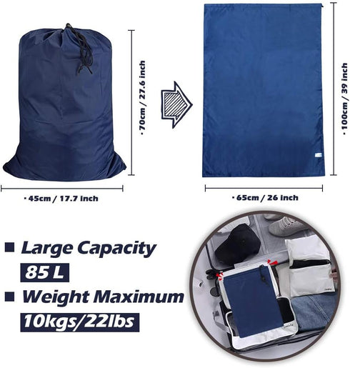 Washable Travel Laundry Bag with Drawstring (3 Pack), Large Dirty Clothes Bag Fit for Laundry Basket, Navy Blue
