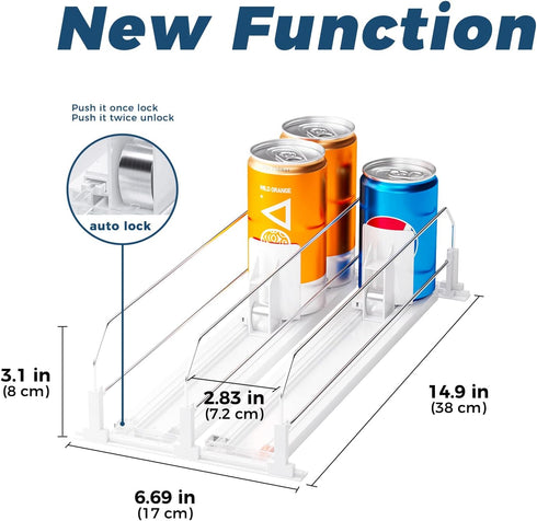 Puricon Drink Organizer for Fridge, Spring Loaded Self Pushing Soda Can Dispenser, 2 Rows Beverage Holder in White