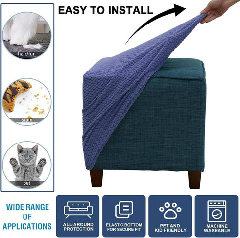 Ottoman Cover Jacquard Stretch Square Slipcover Thick Folding Storage Cover Footstool Protector With Elastic Bottom