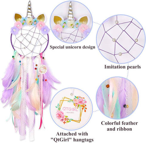 QtGirl Dream Catchers for Kids - Unicorn Wall Decor for Girls Bedroom Flower Feather Hanging Decoration