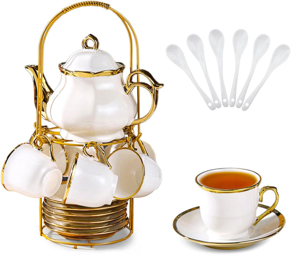 20 Pcs Porcelain Tea Set with Metal Holder, European Ceramic Tea Set