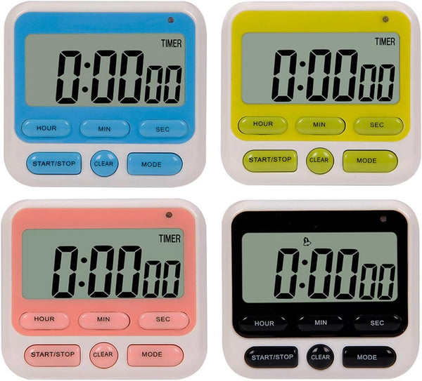 24-Hours Digital Kitchen Timer, Upgraded 12-Hour Display Clock, Big Digits, Loud Alarm, Count-Up & Count Down, 4 Pack