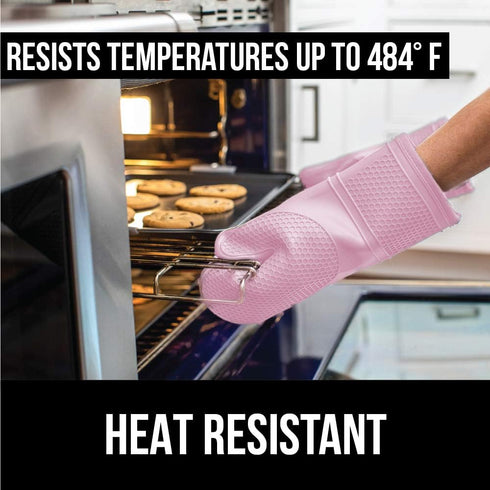 Gorilla Grip Heat and Slip Resistant Silicone Oven Mitts Set, Waterproof, Long Flexible Gloves for Cooking, Pink