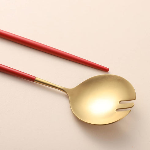 Salad Servers Set, 11.41 Inch Spoon and Fork, 18/10 Stainless Steel with Titanium Plating (Red Gold)