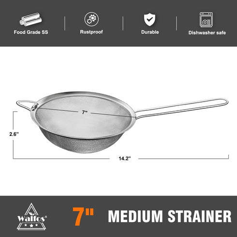 Walfos 7 Inch Fine Mesh Strainers, Premium Stainless Steel Colanders and Sifters with Reinforced Frame and Sturdy Handle