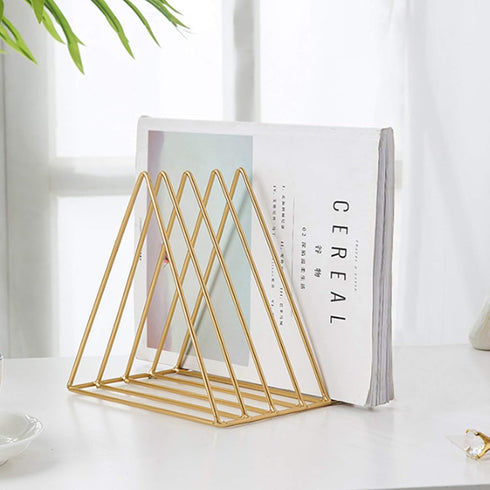 QPEY Triangle File Holder,5 Slot Metal Vinyl Record Stand Holder Magazine Newspaper Holder Photography Props for Office Home 1 Pc (Gold) by QPEY