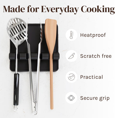 Black Silicone Spoon Rest with Drip Pad - Heat-Resistant Utensil Rest & Spoon Holder for Kitchen Counter