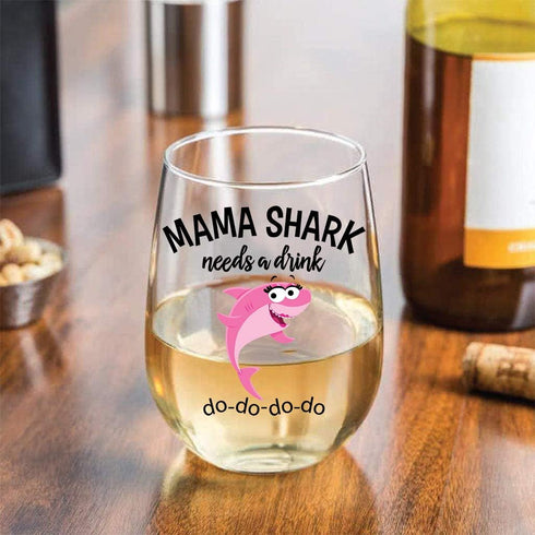 Mama Shark Needs a Drink Funny Stemless Wine Glass - Mom Gift for Birthdays, Mother's Day, Holidays