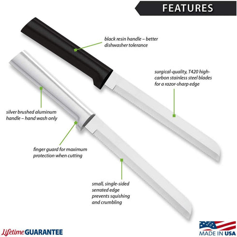 6" Bread Knife (W236) by Rada Cutlery, Stainless Steel Hollow Ground Serrated Blade, Black Handle, Made in USA
