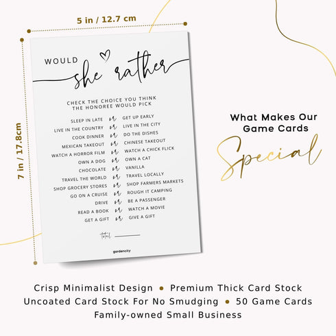50 50 Would She Rather Bridal Shower Game Cards, Baby Shower Games, Guests, Minimalist White