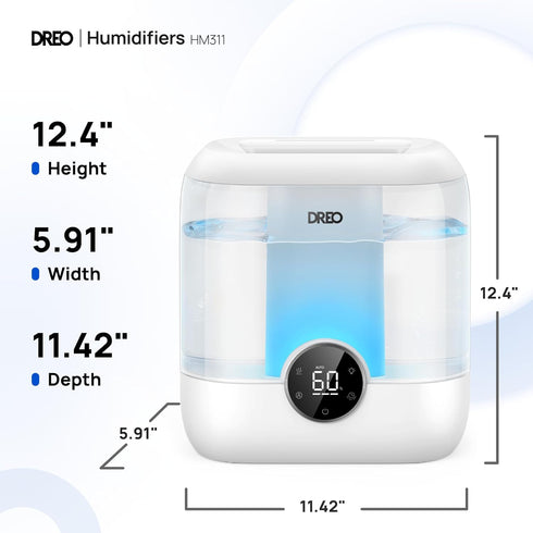 6L 60H 28 DREO Humidifiers for Bedroom, Easy to Fill & Clean, Runtime for Large room, dB Quiet Cool Mist Air Humidifier