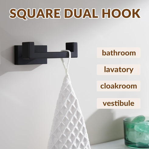 APLusee Double Robe Towel Hook, Stainless Steel Square Dual Coat Hook, Matte Black Utility Storage Hanger