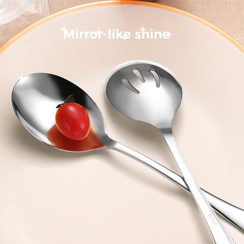 Large Stainless Steel Serving Utensils Set, 6 Pcs with 10" Serving Spoon, Slotted Spoons, Serving Forks, Dishwasher Safe