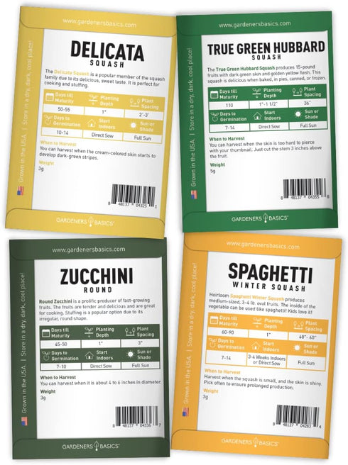 8 Packets Gardeners Basics, Squash Seeds for Planting Individual - Zucchini, Delicata, Butternut, Spaghetti, Scallop