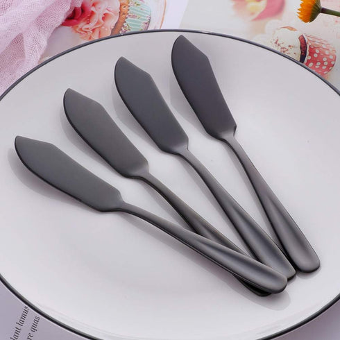 Stainless Steel Cheese Dessert Knives, Set of 6, Breakfast Butter Knife, Slicer Sandwich Spreader (Black) by Bisda