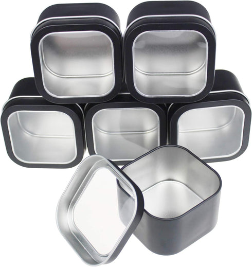 6-Pack 8oz Empty Square Metal Tins with Clear Window for Candle Making, Gifts, Treasures, Black