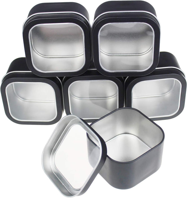 6-Pack 8oz Empty Square Metal Tins with Clear Window for Candle Making, Gifts, Treasures, Black