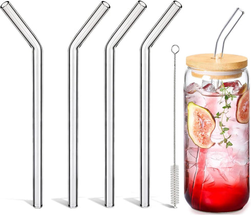 Borosilicate Glass Straws for 16 oz Tumbler, 9 inch 8mm BPA Free, Reusable Clear Bent Skinny Drinking Straws