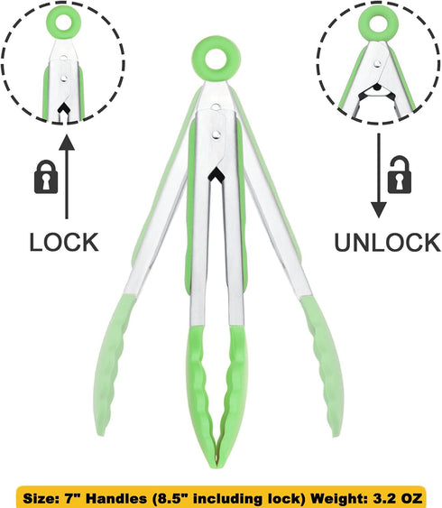 Mini Tongs with Silicone Tips, 7 Inches Silicone Cooking Tongs, Set of 3 in Green