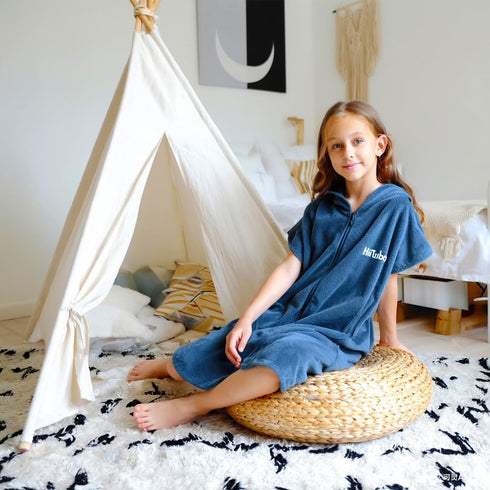 Swimming Hiturbo Kids Bath Towel Hoodie: Absorbent Quick Dry Zipper Surf Poncho - Changing Towels Outerwear (Navy Blue)
