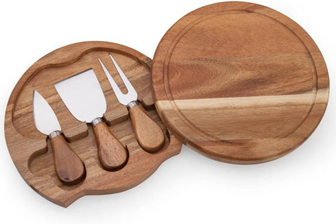 3 Set, 7.5 inch ILEAF Round Slide-Out Acacia Wood Cheese Board and Piece Cheese Tool Diameter