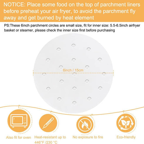 Air Fryer Parchment Paper, Set of 200, 6 Inch Round Liners for Air Fryer, Steaming Basket and More