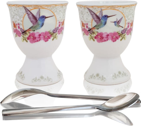 NobleEgg Vintage Style Porcelain Egg Cups for Soft Boiled Eggs with Stainless Steel Spoons