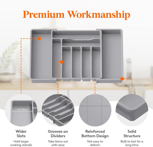 Lifewit Expandable Silverware Drawer Organizer, Adjustable Cutlery and Flatware Tray, Large, Gray