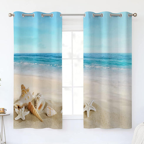 ALALAL Beach Bathroom Curtains, Summer Tropical Starfish Seashell Grommet Privacy Curtain, 2 Panels 26 x 39 Inch