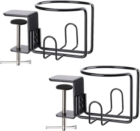 Large Clip On Table Cup Holder, Anti-Spill Holder for Lawn Chair, Pack of 2, Black