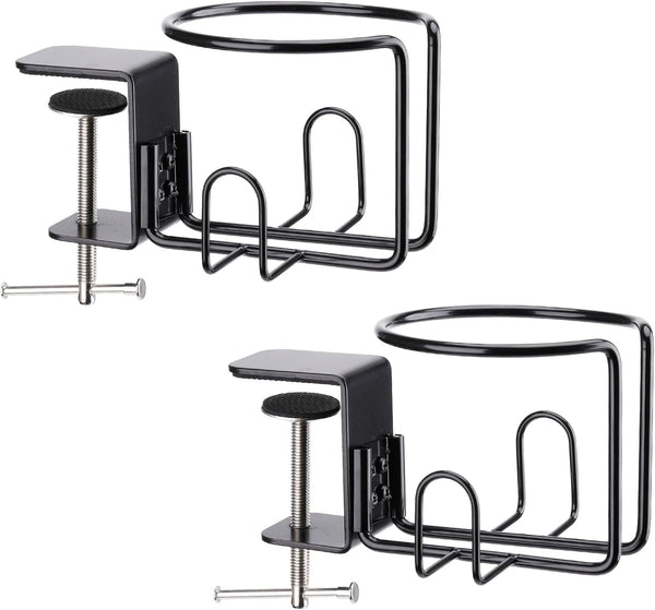 Large Clip On Table Cup Holder, Anti-Spill Holder for Lawn Chair, Pack of 2, Black