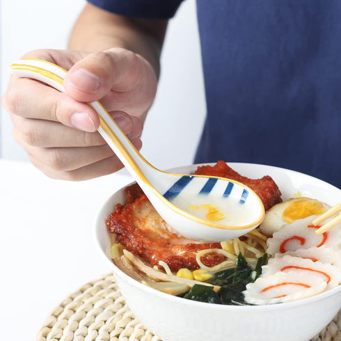 Soup Spoon Set of 4, Japanese and Korean Curved Handle Ceramic Ramen Spoons for Pho, Miso, Salad