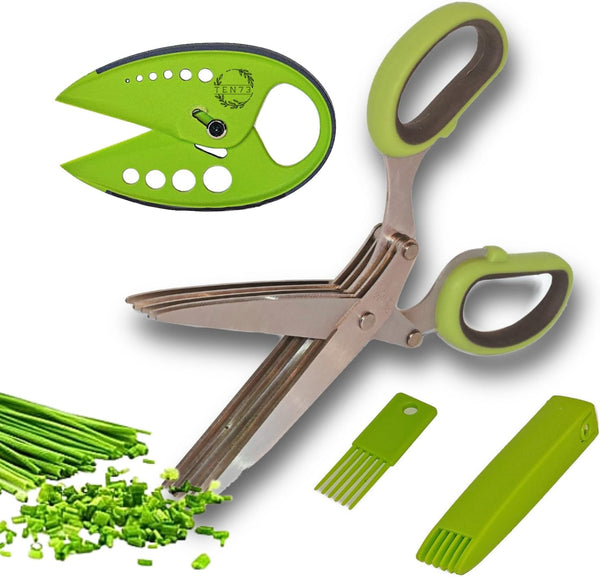 Herb Scissors - Stainless Steel 5 Blade Kitchen Shears with Safety Cover