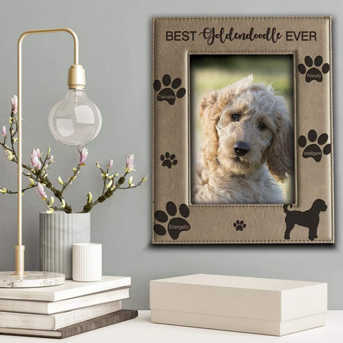 BELLA BUSTA Best Goldendoodle Ever Dog Photo Frame, Engraved Leather Picture Frame (5 x 7 Vertical)