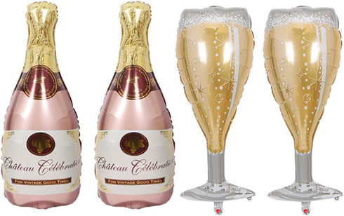 4PCS Champagne Bottle Balloons and Champagne Glass Mylar Foil Balloons for Birthday Engagement Bachelorette Party
