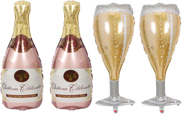 4PCS Champagne Bottle Balloons and Champagne Glass Mylar Foil Balloons for Birthday Engagement Bachelorette Party