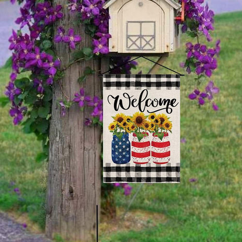 Welcome Summer Sunflowers Garden Flag 12.5 x 18 Inch, Patriotic Buffalo Plaid Double Sided Seasonal Decor