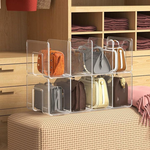 Noleja 2pcs 4 Closet (4) Clear Plastic Purse Handbag Organizer Sections Bag Shelf Divider Purse Display Stand Handbag