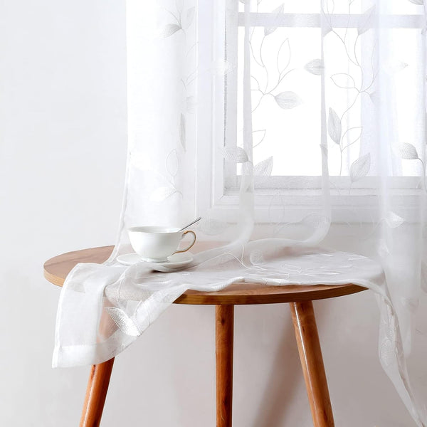 HOMEIDEAS White Sheer Curtains, 52 x 63 Inches, 2 Panels Embroidered Leaf Pattern Faux Linen for Windows